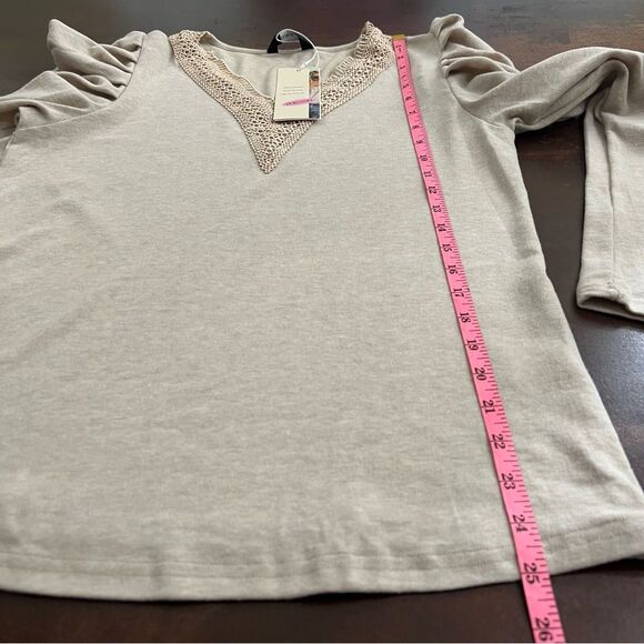 DOKOTOO Beige Minimalist Light Academia Top Crochet V-neck Draped Long Sleeve - Picture 12 of 13